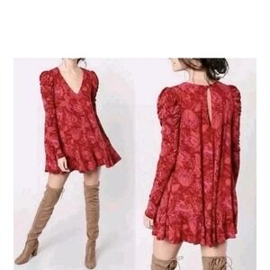 FREE PEOPLE Sz S Hello Lover Puff Ruched Sleeve Tunic Top Mini Dress Floral Boho